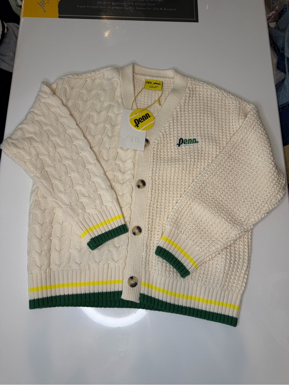 Zara Cream Cardigan with Green & Yellow Trim - Penn Patch